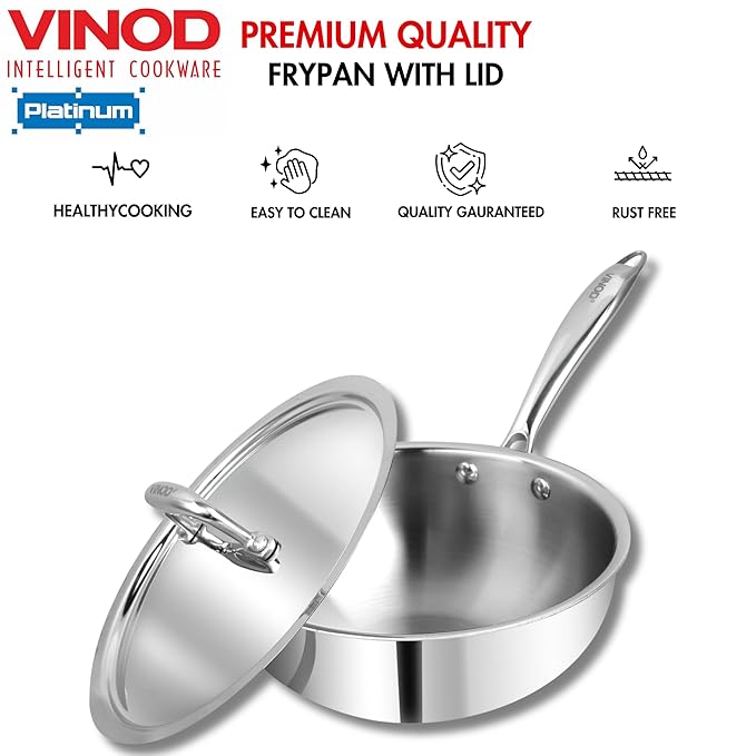 Vinod Platinum Triply Stainless Steel Frypan - 20cm | Deep Skillet Pan with Lid | Rivetted Study Handle | Induction & Gas Base
