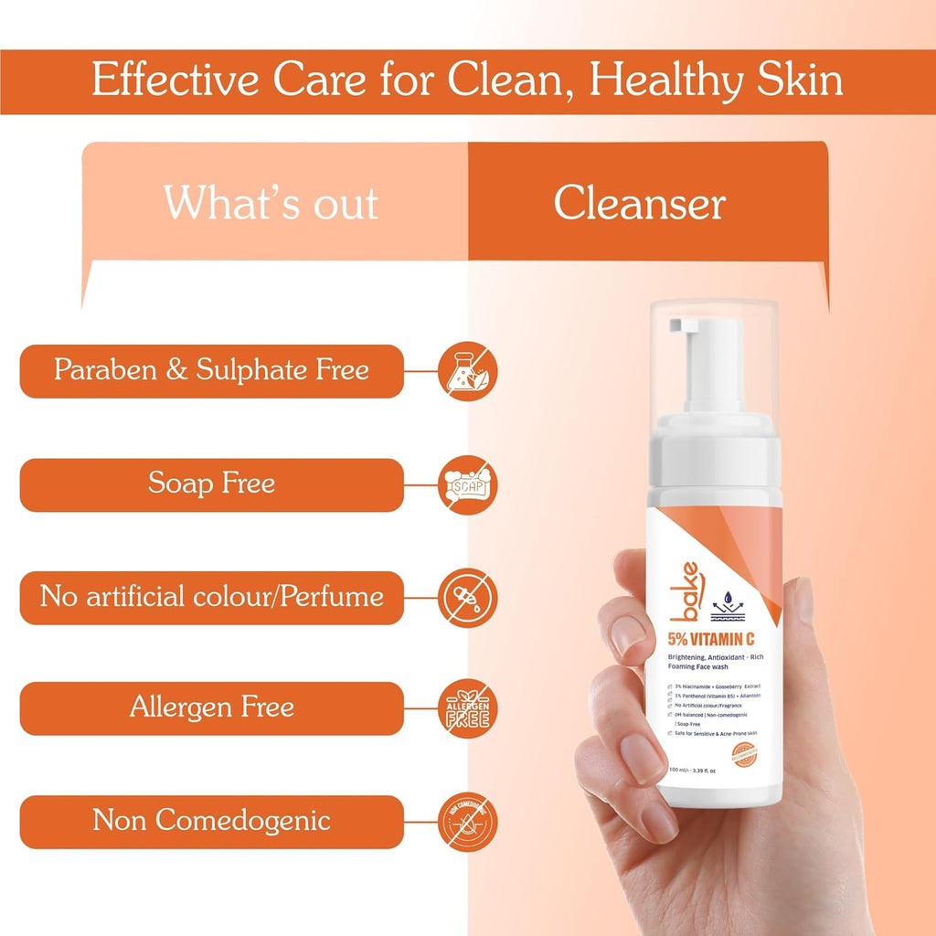 BAKE 5% Vitamin C Foaming Face Wash with Niacinamide | Brightening Face Wash for Pigmentation, Dark Spots & Uneven Skin Tone | Antioxidant Rich Cleanser for Dull, Normal to Oily Skin â€“ 100ml