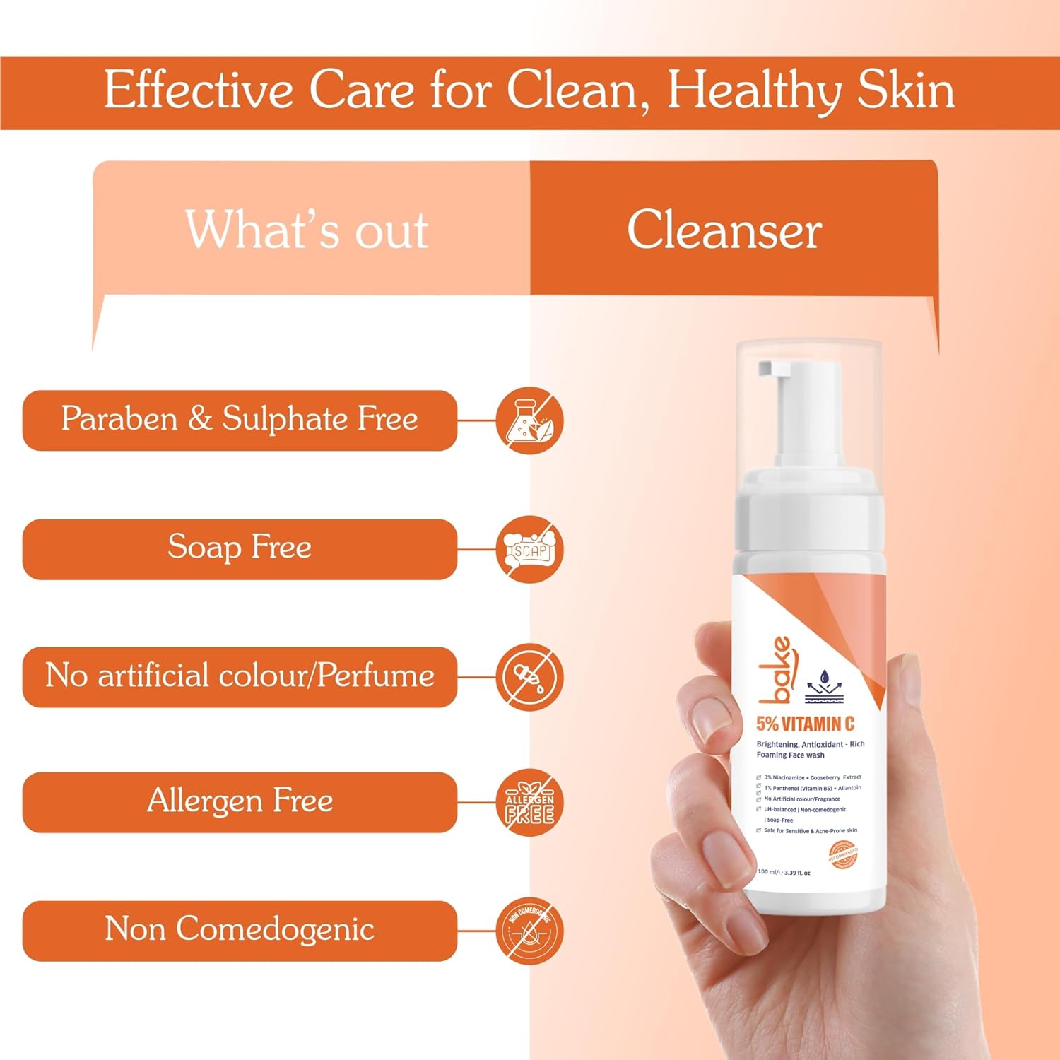 BAKE 5% Vitamin C Foaming Face Wash with Niacinamide | Brightening Face Wash for Pigmentation, Dark Spots & Uneven Skin Tone | Antioxidant Rich Cleanser for Dull, Normal to Oily Skin â€“ 100ml
