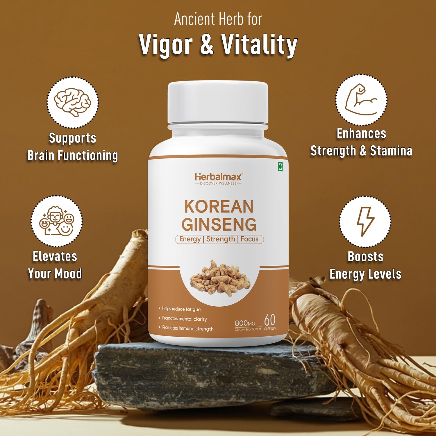 Herbal Max Korean Ginseng Capsules â€“ 60 Veg Capsules | Boosts Immunity, Stamina & Energy | Natural Stress Support | Ayurvedic Supplement for Men & Women