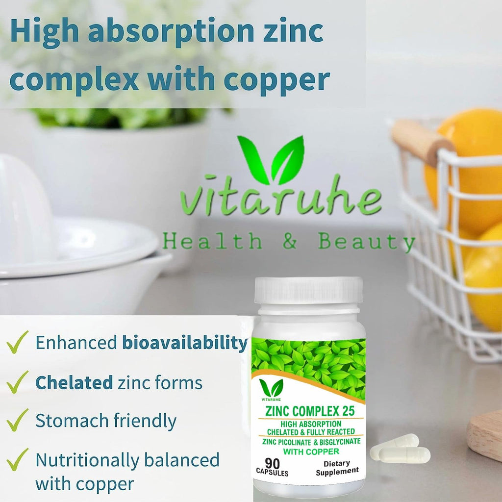 VITARUHEÂ® Chelated Zinc Picolinate & Bisglycinate Complex with Copper, Zinc for Immune, Skin and Cellular Health, High Absorption, Non-GMO, 90 Capsules