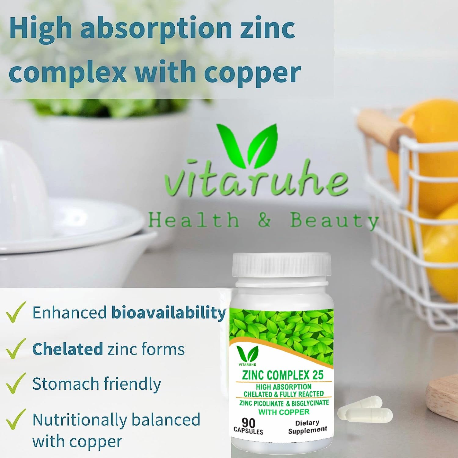 VITARUHEÂ® Chelated Zinc Picolinate & Bisglycinate Complex with Copper, Zinc for Immune, Skin and Cellular Health, High Absorption, Non-GMO, 90 Capsules