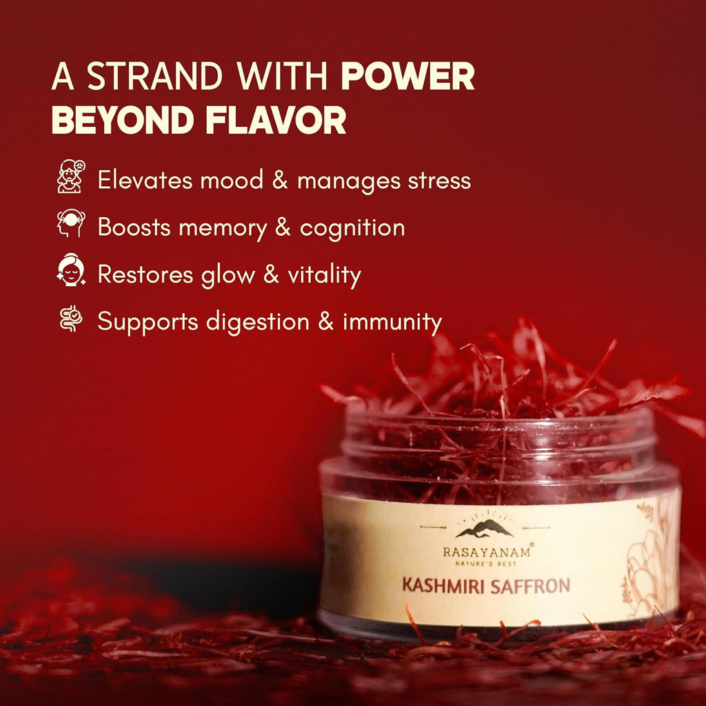 Rasayanam Pure Original Kashmiri Saffron/Kesar/Kumkuma Puvvu (1gm) | Certified highest Grade-A Keshar | Saffron for pregnant women, Pooja rituals & Food aroma