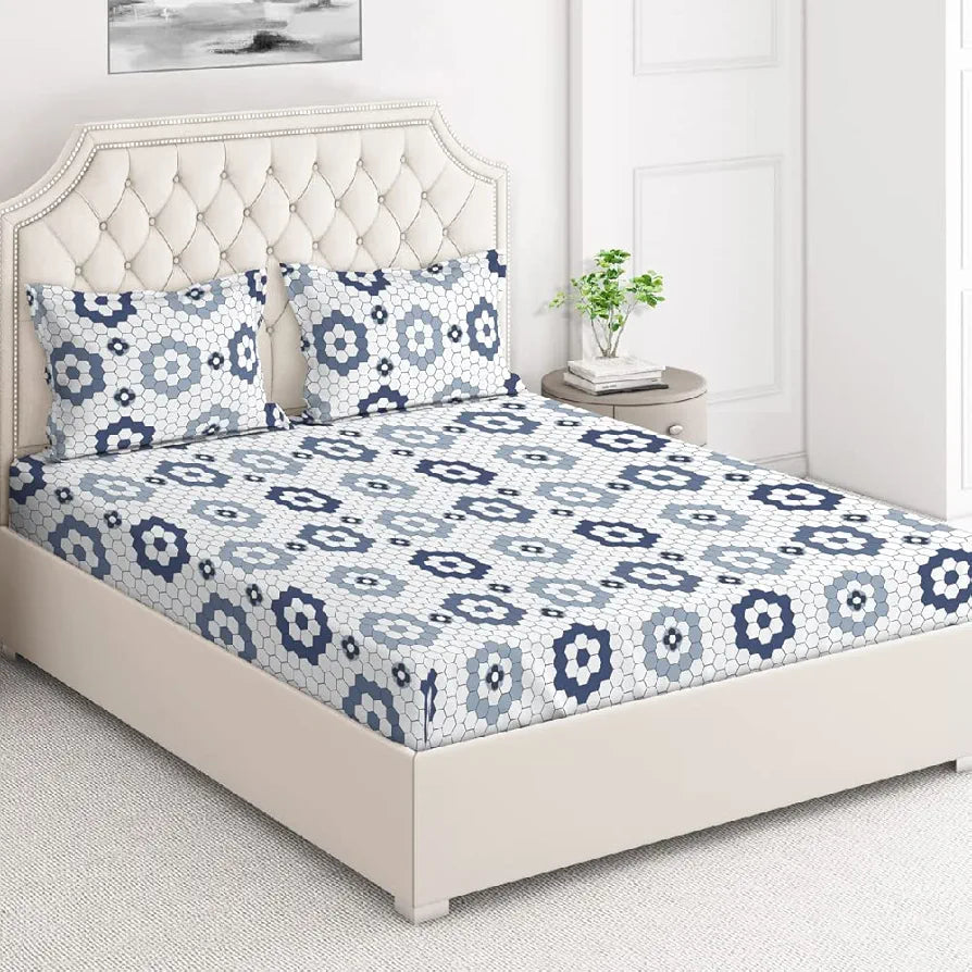 Layers Firenze Cotton Bedsheet Set for All Seasons Lightweight 140 TC Queen Size White & Blue