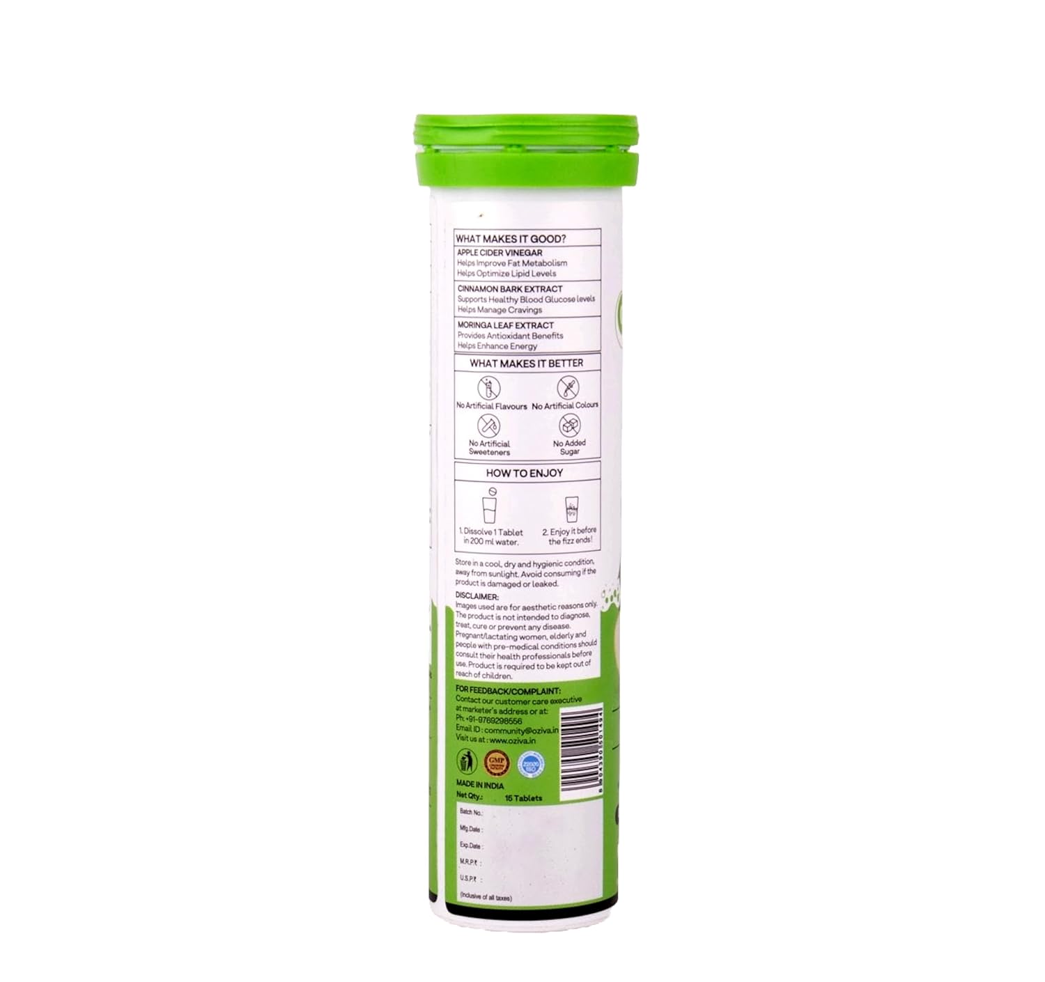 OZiva Acv Moringa|Control Cravings I Apple Cider Vinegar,Cinnamon,Guggul I No Maltodextrin & No Added Sugar I 15 Effervescent Tablets - Green Apple,Pack Of 2 (30 Tablets),2 Count,15 Capsules