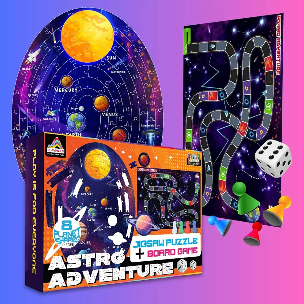 Playhills 2-in-1 Solar System Puzzle and Board Game for Kids 108 Pcs Educational Jigsaw with Astro Adventure Play Fun Learning Gift for Boys and Girls