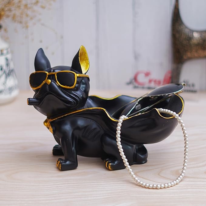 Ecraftindia Black Bull Dog Statue in Glasses With Cape Serving Tray Animal Figurine for Home Table Decor Showpiece