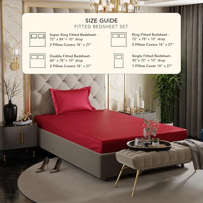 Stoa Paris Satin Elastic Fitted Bedsheets for Single Bed 300TC Premium 1 Pillow Cover Colour Flirty Red
