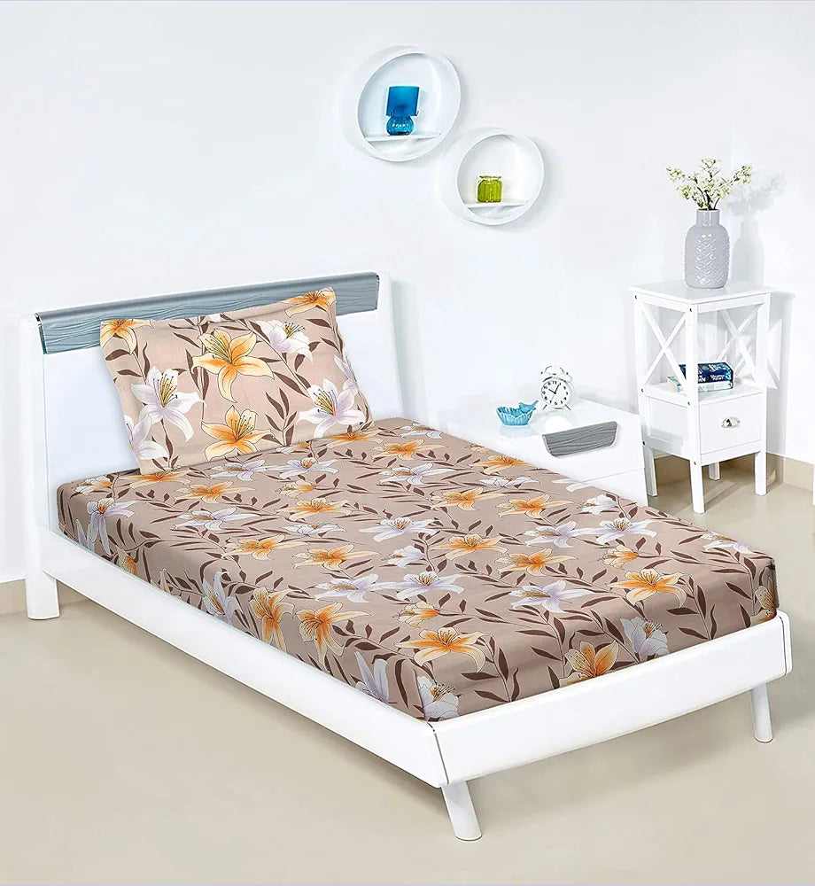 Kuber Industries Cotton Single Bedsheet with 1 Pillow Cover Flower Design Light Brown