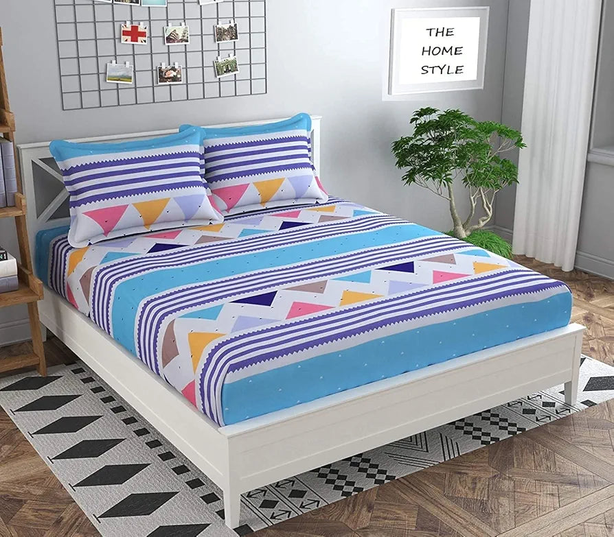The Home Style Cotton Feel Glace Cotton Elastic Fitted Printed King Size Double Bed Bedsheet With 2 Pillow Cover,300 TC White Blue