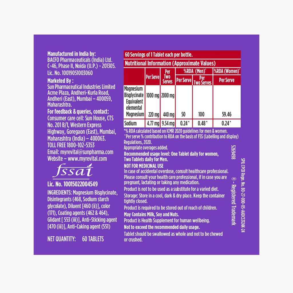 Revital Magnesium Bisglycinate | Chelated |100% RDA | 440mg Elemental Magnesium| 13% Higher Absorption| Scientifically crafted for both men & women | 2.5X Higher Bioavailability | Muscle Recovery & Stress Relief | Restful Sleep Support | 60 Tablets
