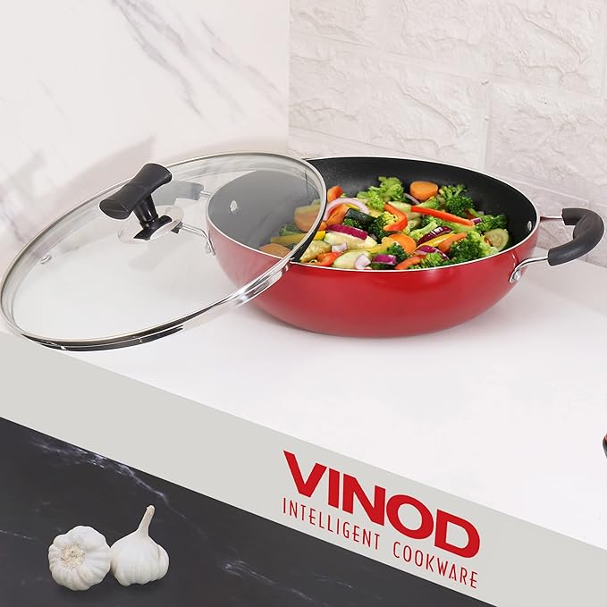 Vinod Popular Non Stick Kadai with Glass Lid 2 litres Capacity (22 cm Diameter), with Sturdy Riveted and Virgin Bakelite Handle