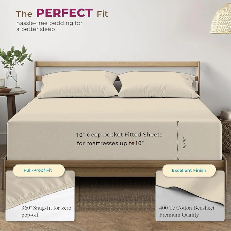 Trance Home Linen 100% Cotton 78x36 inch Single Elastic Fitted Bedsheet 400TC Premium Bed Sheet with 1 Pillow Cover Colour Pearl