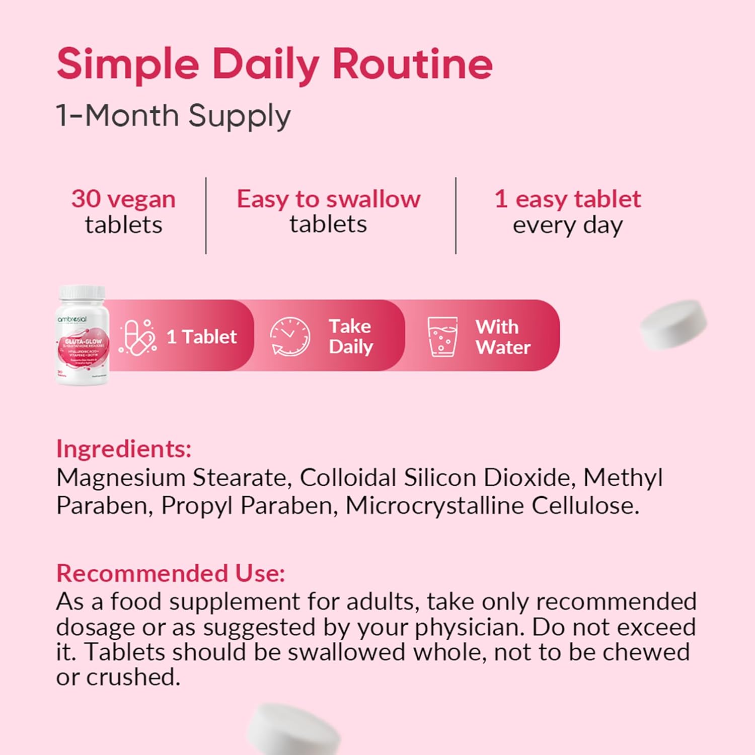 Ambrosial Gluta-Glow L-Glutathione 500mg Tablets with Vitamin C, Vitamin E, Hyaluronic Acid, Lycopene & Biotin â€“ Japanese L Glutathione Supplement â€“ 30 Vegan Tablets
