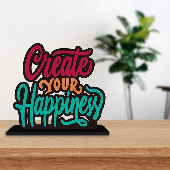 Artvibes Wooden Idols and Figurine Create Your Happiness Quotes Table Decoration for Office Desk | Home Decor Item