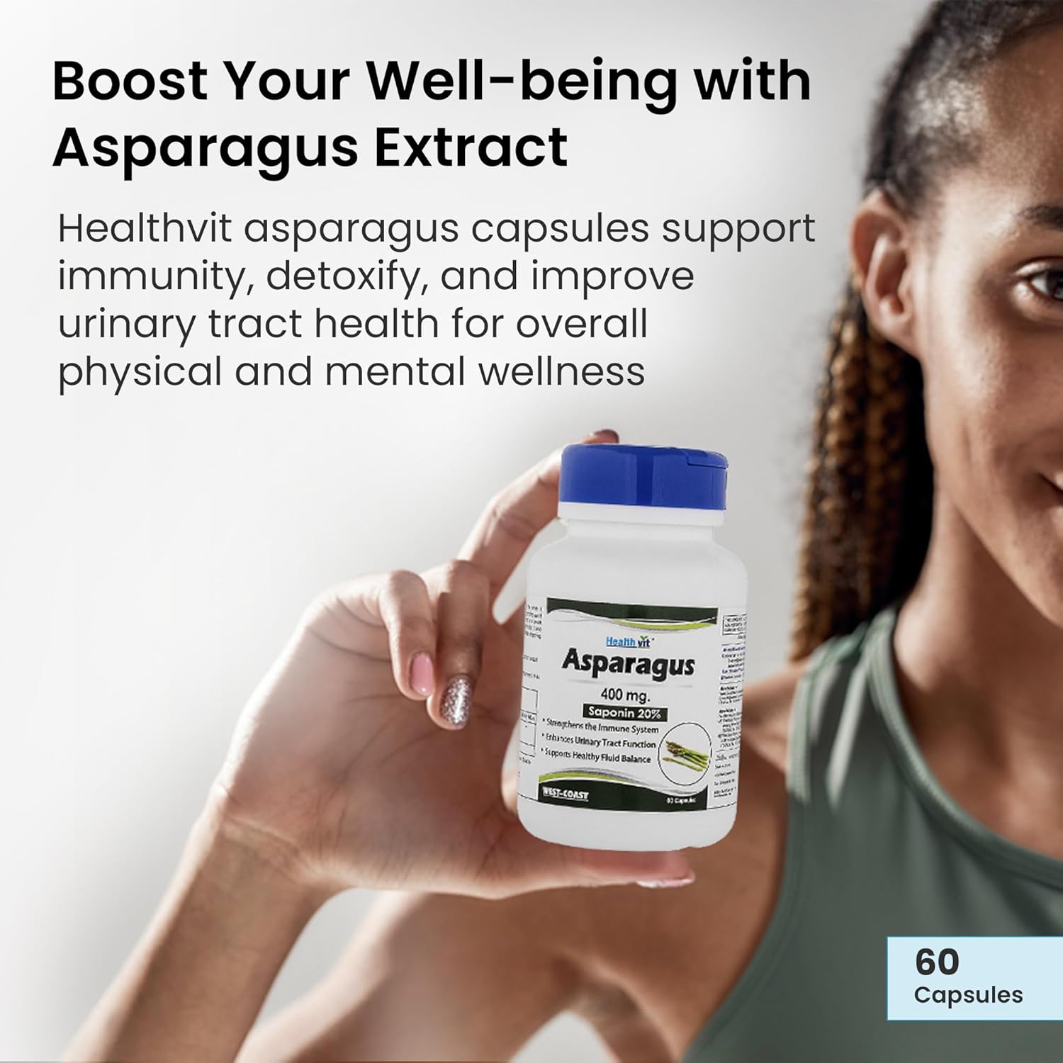 Healthvit Asparagus 400mg (20% Saponin) | Improve Immune System & Urinary Tract Function | Vegan & Gluten Free | 60 Capsules