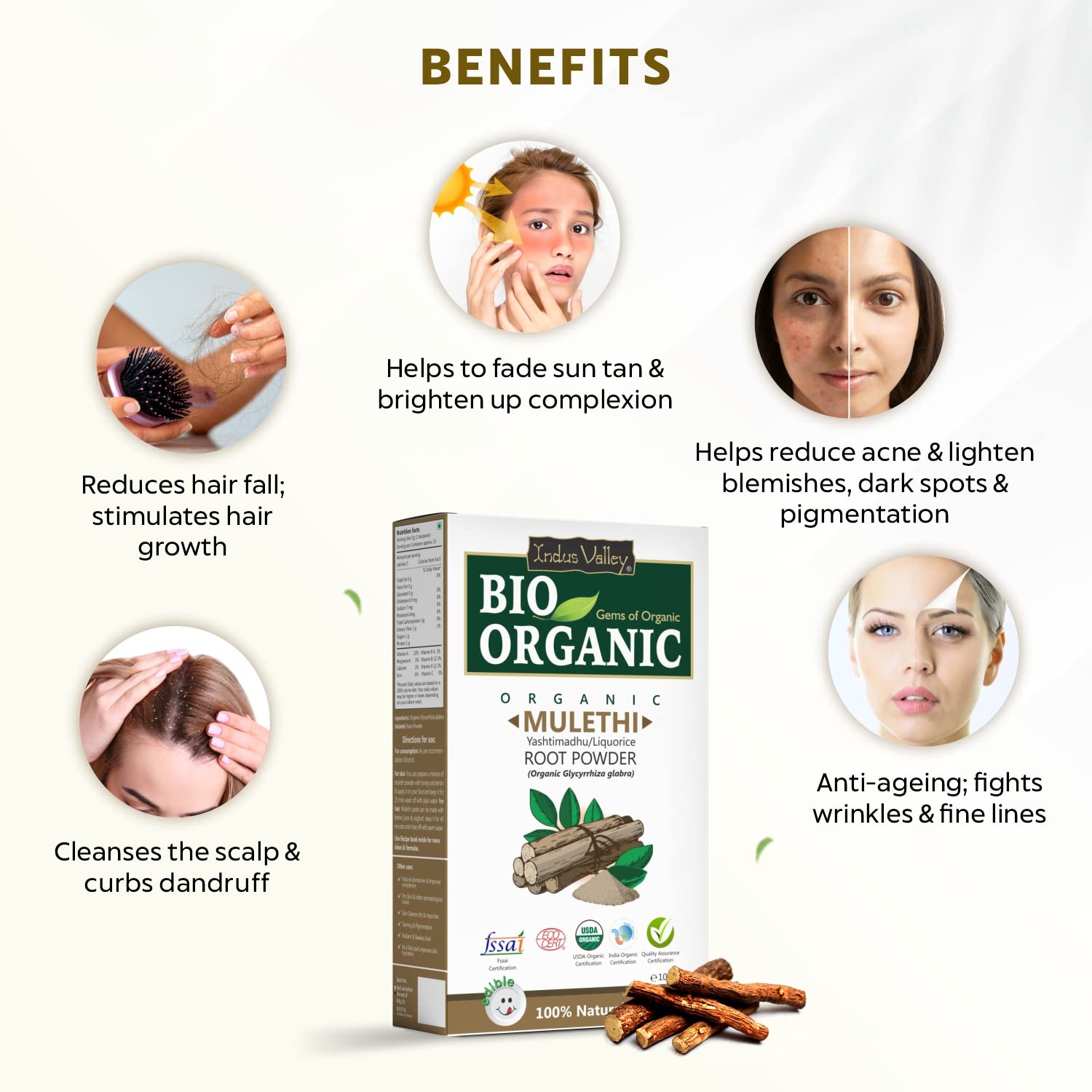 INDUS VALLEY 100% Natural Pure Mulethi Powder Yashtimadhu Licorice Glycyrrhiza Glabra for Glowing Skin Face Pack Tan Removal Hair Fall Control (100g)