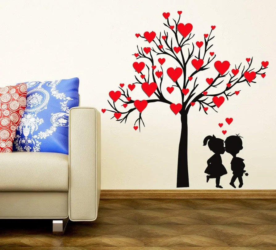 Decals Design Heart Shaped Leaves with Loving Couple Wall Sticker Multicolour