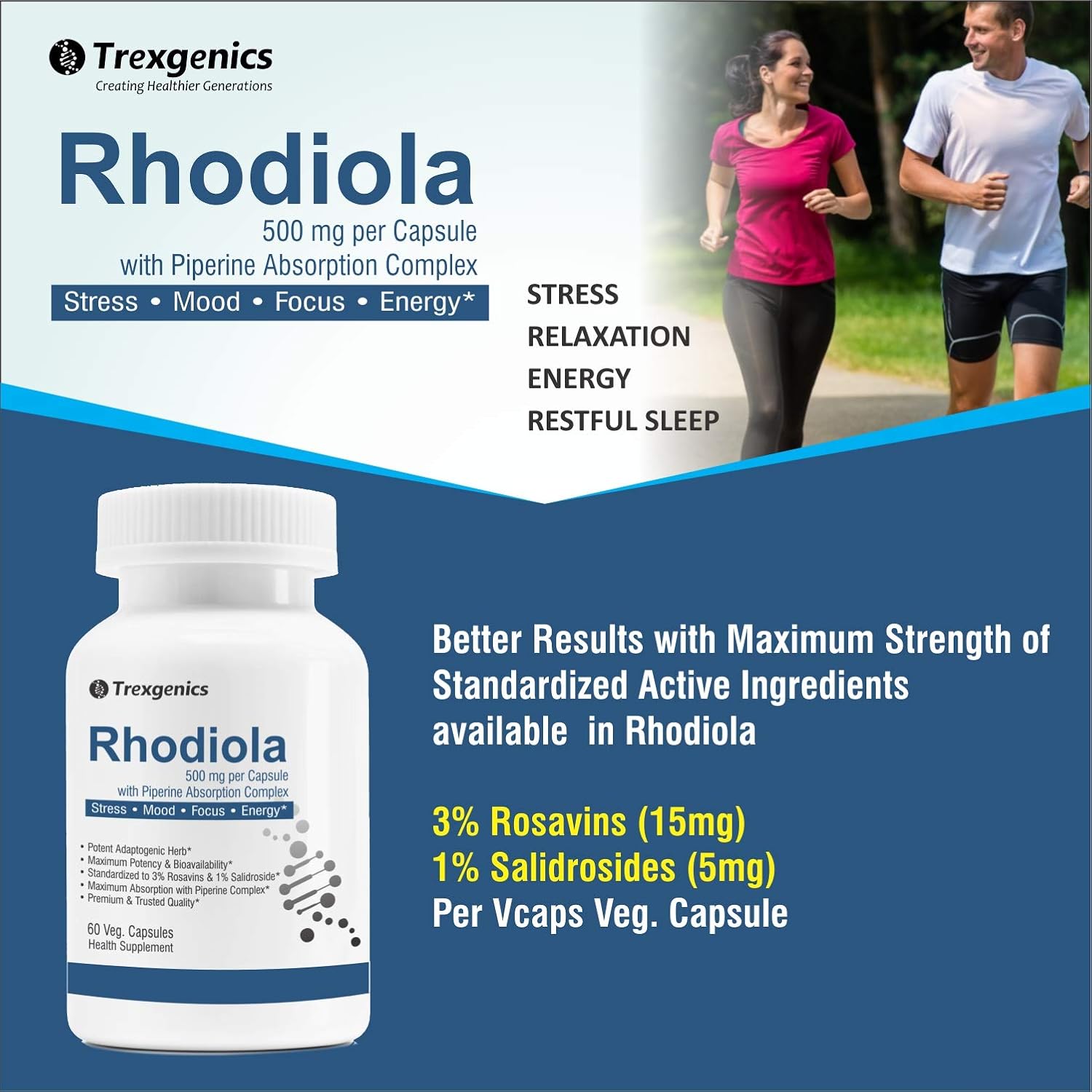 Trexgenics Rhodiola Rosea Standardized 500mg Premium Adaptogen Complex with Piperine (60 Veg.Capsules) (1)
