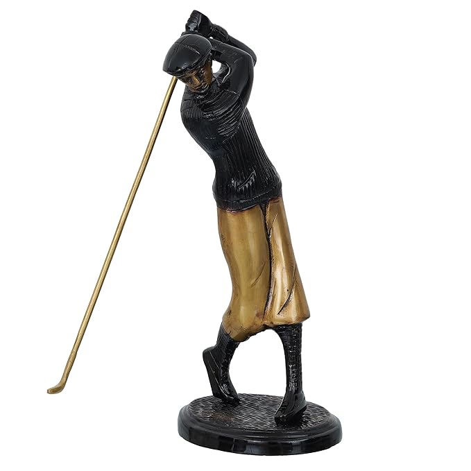 Ecraftindia Brown & Golden Man Playing Golf Antique Finish Handcrafted Decorative Brass Showpiece