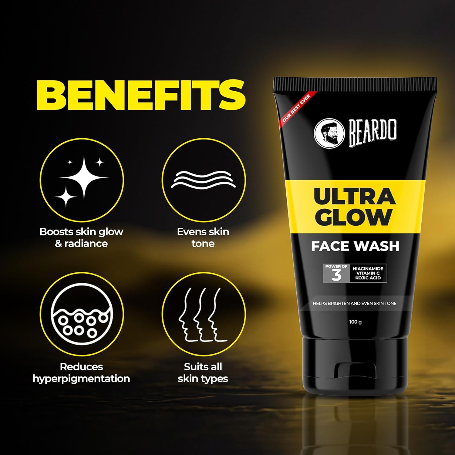 Beardo Ultraglow Face Wash for Men | Powered by 10% Complex of Niacinamide, Vitamin C & Kojic Acid | Brightens & Hydrates Skin | Reduces Pigmentation | Face Wash for Bright, Even Tone and Glowing Skin | Suitable for All Skin Types | 100g