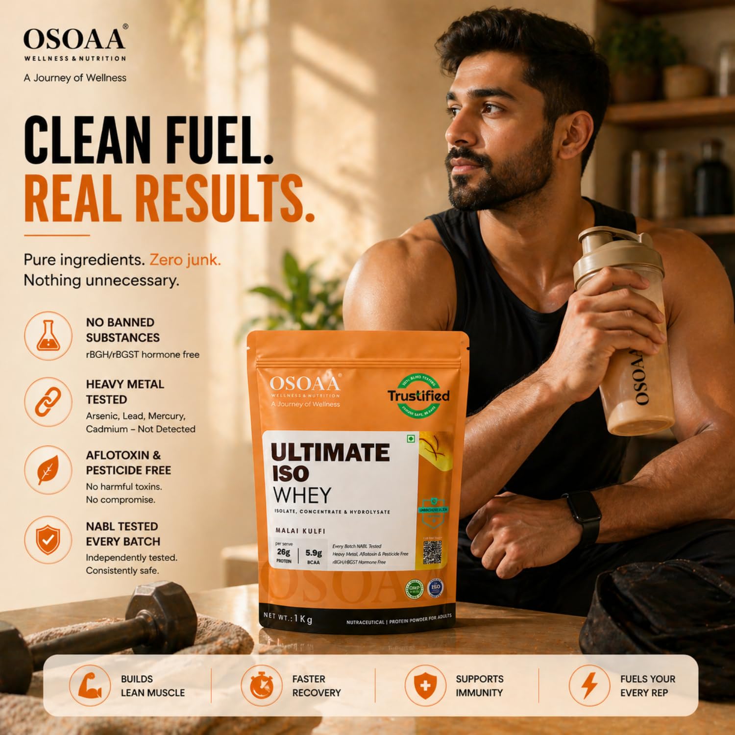OSOAA Ultimate ISO Whey Protein Isolate Protein - 1kg, Kesar Kulfi | 26g Protein Powder for Muscle Support & Recovery | 100% Authentic Protein Supplement Powder - Batch wise Lab Report