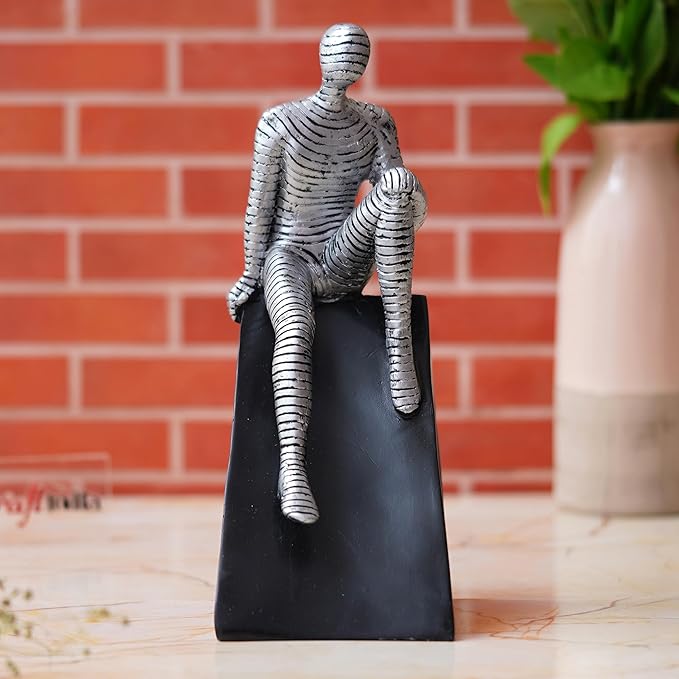 Ecraftindia Silver Man Statue Sitting on Triangle Black Base Human Figurine Decorative Showpiece