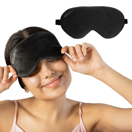Boldfit Eye Mask for Sleeping with Adjustable Strap Super Soft Sleeping Mask Blind Fold for Comfortable Sleep Travelling Sleep Mask Pad for Girls Sleeping Eye Mask Blind Folds for Sleeping - Black