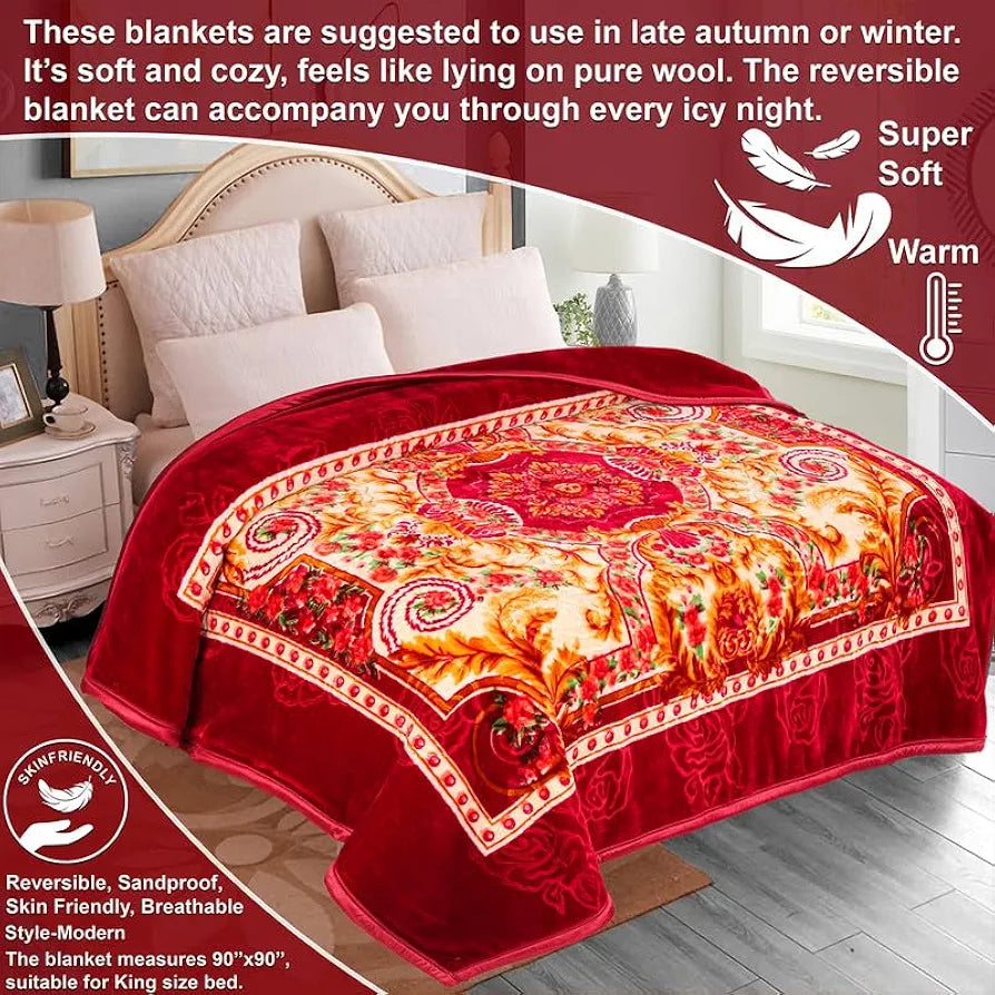 Homekart Super Soft Cloudy Printed Double Bed Blanket for Heavy Winter Single Ply Mink Blanket King Size TC 400 Red and Beige