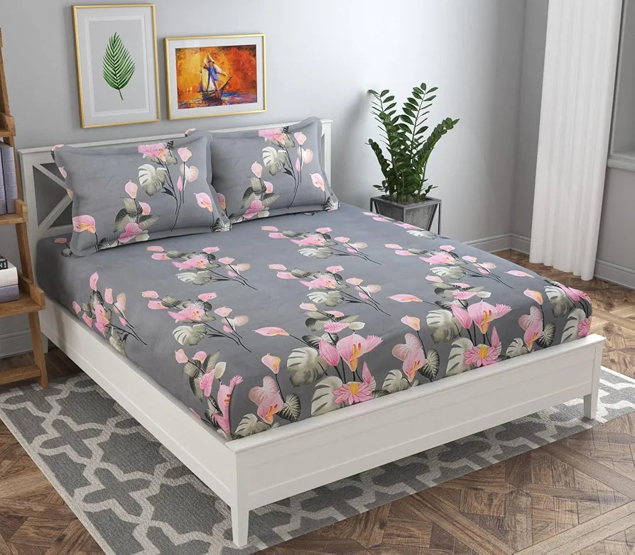 Homefab India 144 TC Microfiber Double BedSheet with 2 Pillow Covers Floral Grey