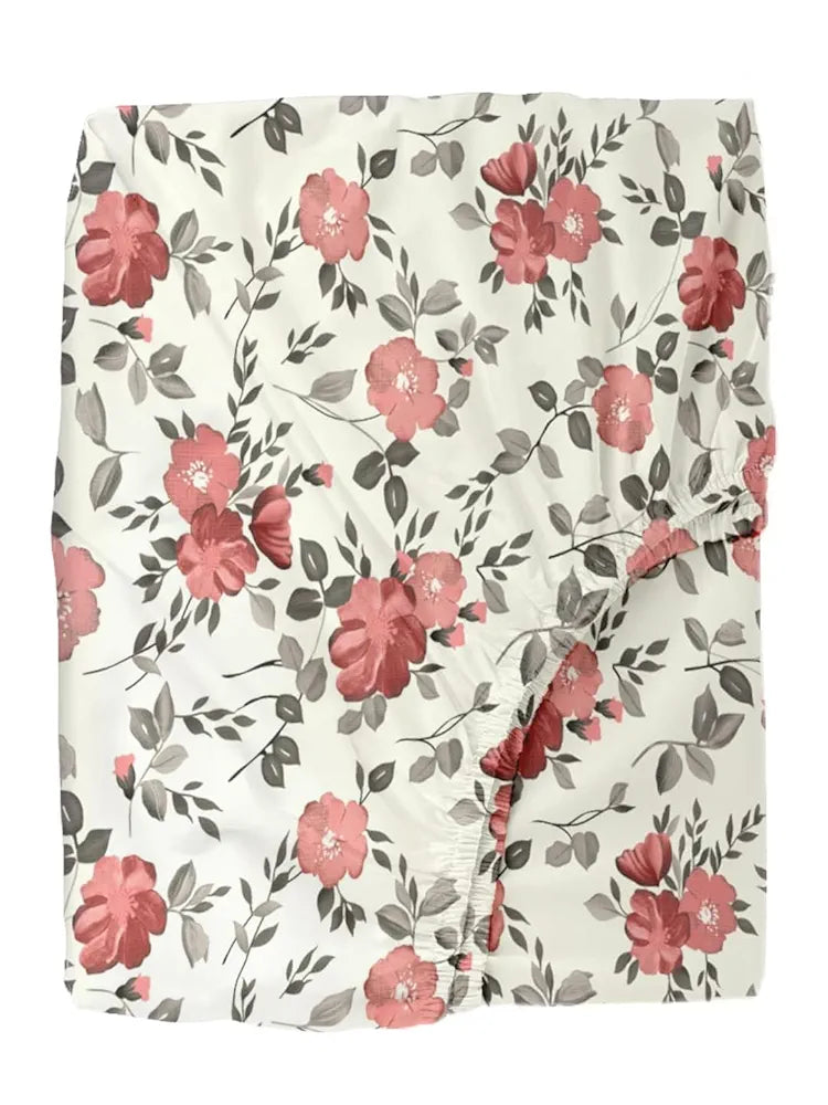 Trance Home Linen 180TC 100% Cotton 78"x72" Standard King Size Elastic Fitted Bedsheet Printed King Bed Size with 2 Pillow Covers Colour Blooms Coral