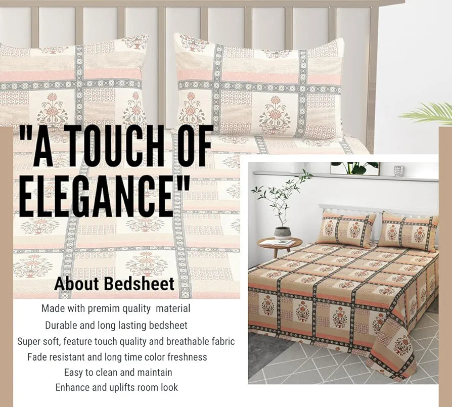 HomeKart Ultra Super Soft Pure Cotton Double Bedsheet with Two Pillow Covers for Your Bedroom Floral & Block Printed Premium Bedsheet Orange & Beige