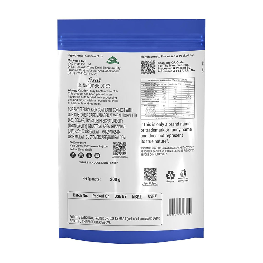 Nutraj Whole W320 Cashew Nuts 200g Pouch | Kaju | Dry Fruits and Nuts | Grocery Items