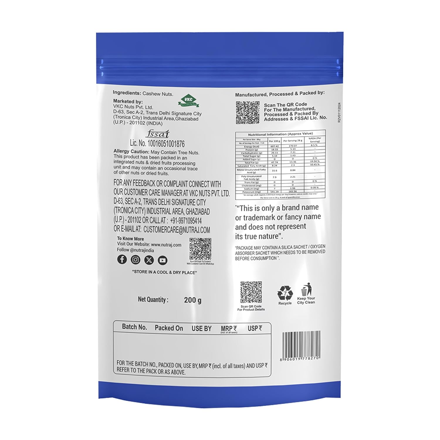 Nutraj Whole W320 Cashew Nuts 200g Pouch | Kaju | Dry Fruits and Nuts | Grocery Items