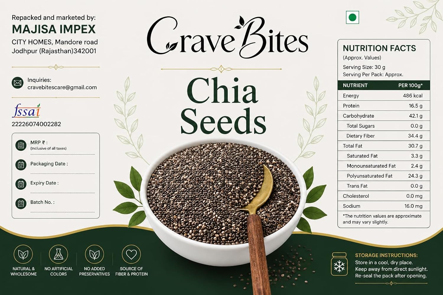 Crave Bites Premium Chia Seeds 1kg | Rich Source of Calcium, Fibre & Protein | Clean Chia Seeds for Eating & Weight Management | Jar Pack