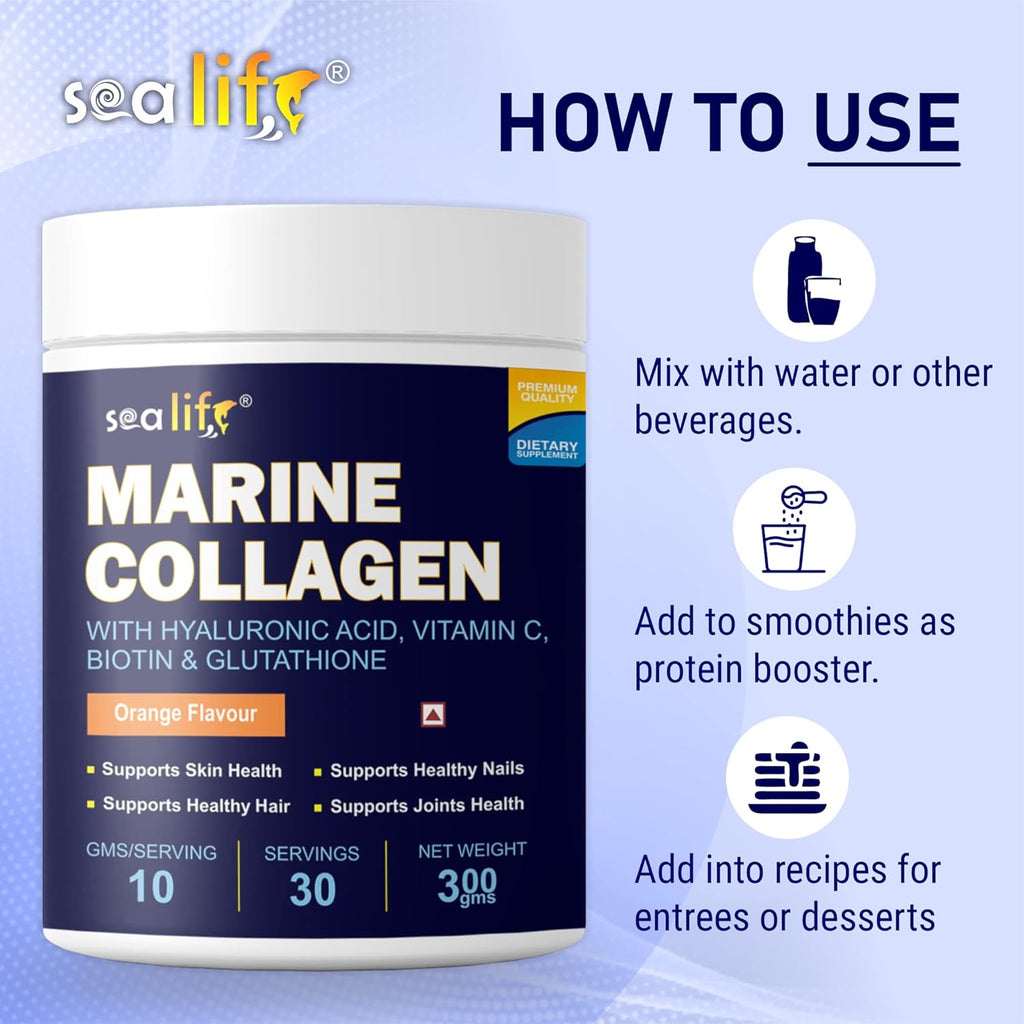 Sea life Marine Collagen Powder | Fish Collagen(300 GM) with Hyaluronic acid, Vitamin-C,Biotin & Glutathione for Hair, Nails, Skin, Muscle and Joints Health (Orange Flavour) Pack of-1