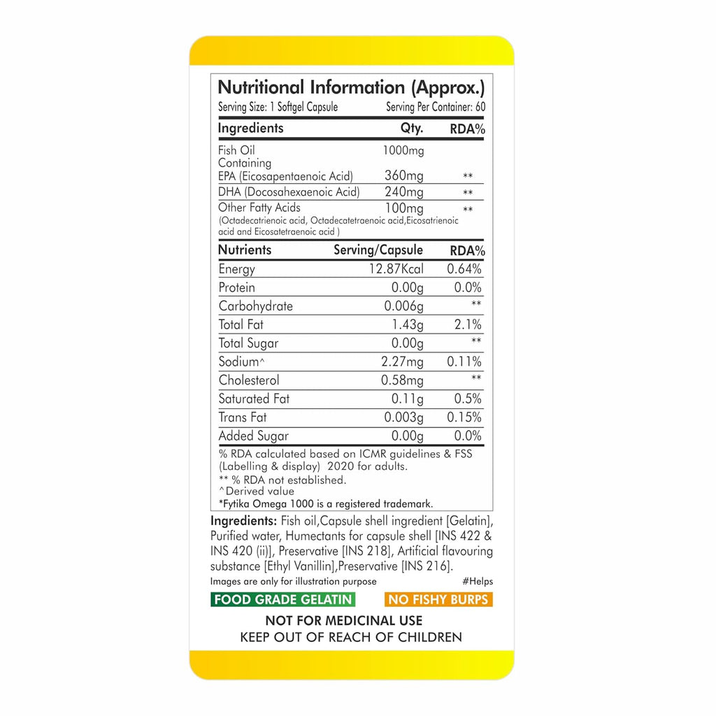 FYTIKA Omega 3 Fish Oil 1000mg 60 Capsules for Heart, Eye, Skin, Brain, Joint & Muscle Support | Omega 3 1000mg Fatty Acid Capsule enriched with EPA 360mg+DHA 240mg & Omega Fatty Acids 400mg