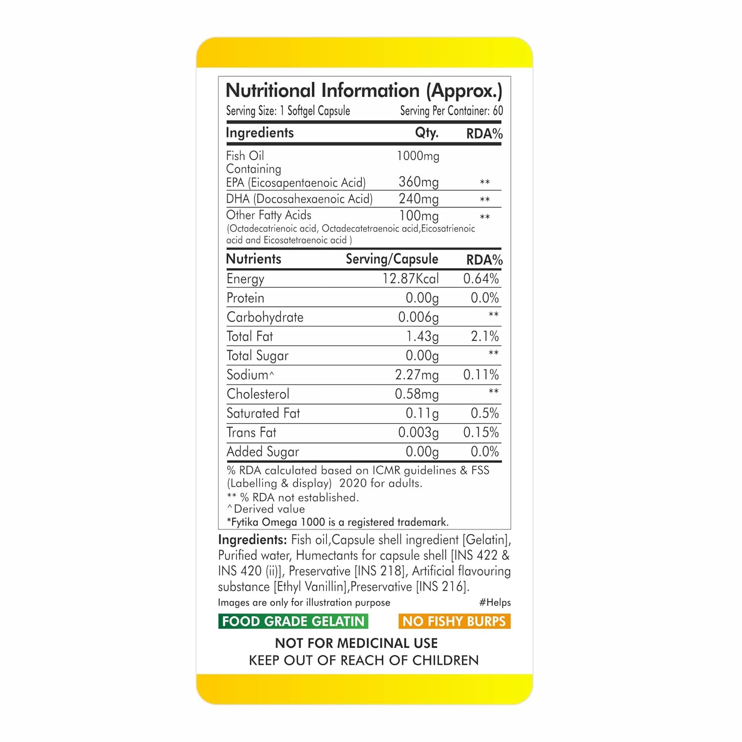 FYTIKA Omega 3 Fish Oil 1000mg 60 Capsules for Heart, Eye, Skin, Brain, Joint & Muscle Support | Omega 3 1000mg Fatty Acid Capsule enriched with EPA 360mg+DHA 240mg & Omega Fatty Acids 400mg