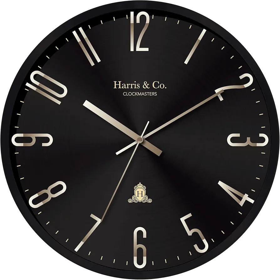 Harris & Co. Clockmasters Silent Sweep Noiseless Technology Analog Wall Clock With Metal Golden 3d Numbers Black