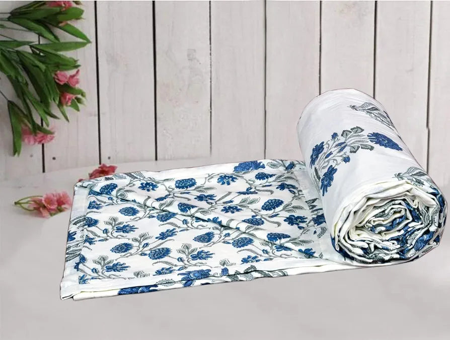 Trance Home Linen 100% Cotton Reversible Dohar Single Bed Size Jaipuri Printed Artisan Block Design Blanket 56"X88" Colour Aangan Blue White