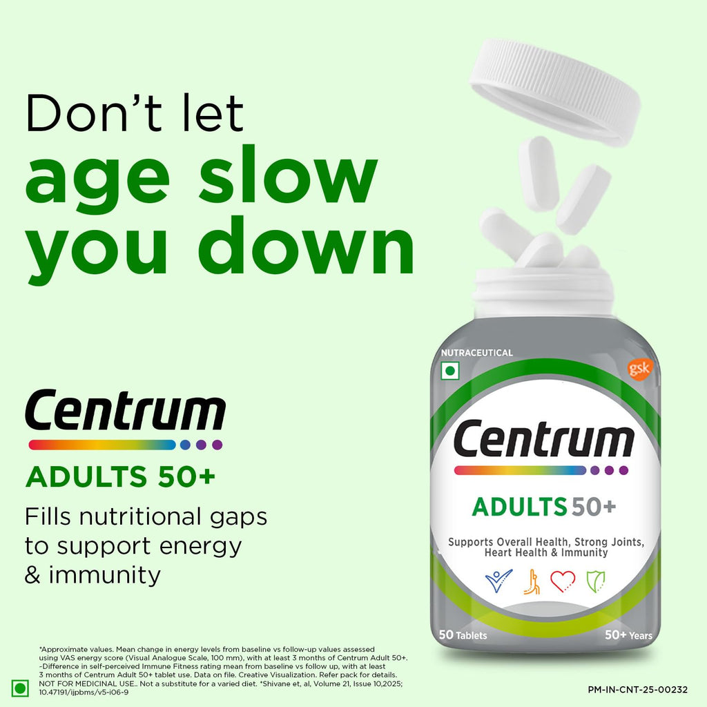 Centrum Adults 50+ Multivitamin Tablet for Men & Women|With 23 Vital Nutrients including Zinc,Magnesium, Vitamin B,C,D, Calcium for Energy, Strong Joints, Immunity and Heart Health|Veg - 50 tablets
