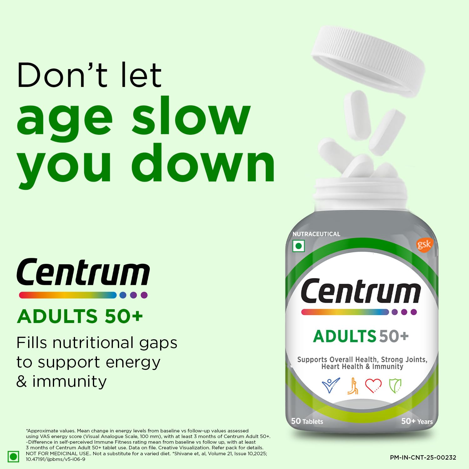 Centrum Adults 50+ Multivitamin Tablet for Men & Women|With 23 Vital Nutrients including Zinc,Magnesium, Vitamin B,C,D, Calcium for Energy, Strong Joints, Immunity and Heart Health|Veg - 50 tablets