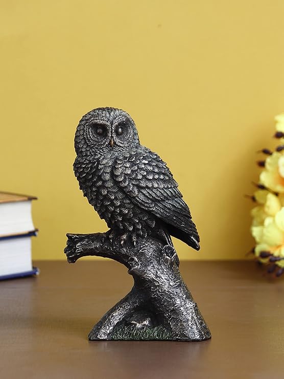 Ecraftindia Handcrafted Polyresin and Bronze Owl Statue Bird Sitting on Branch Figurine Decorative Showpiece