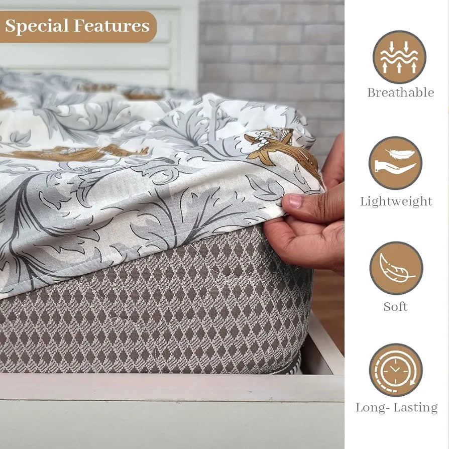 Divine Casa 144 TC Cotton Super Soft Brushed Elastic Fitted Floral Queen Size Double Bed Bedsheet with 2 Pillow Cover Colour Biscuit