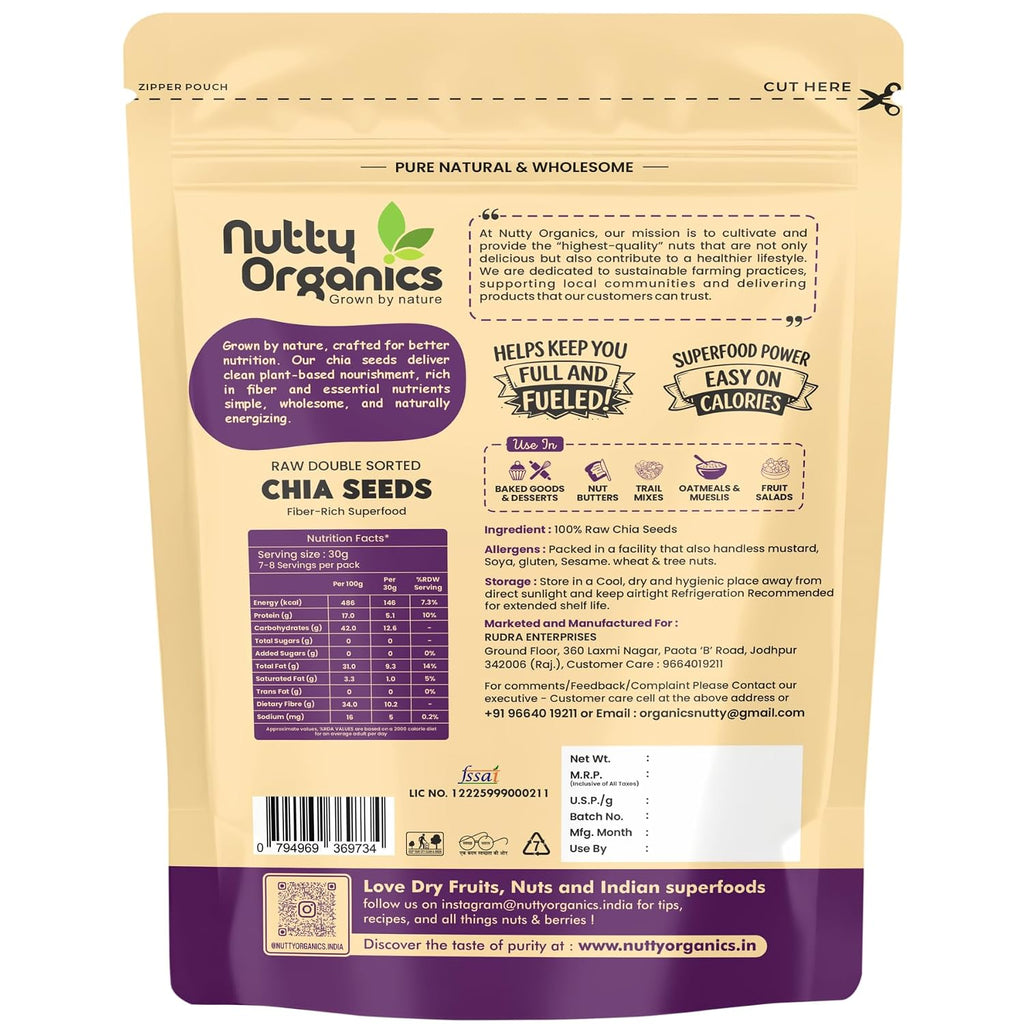NUTTY ORGANICS Chia Seeds | Clean Chia Seeds for Eating | Seeds for Weight Management- Rich in Calcium, Protein & Fiber, Healthy Snacks