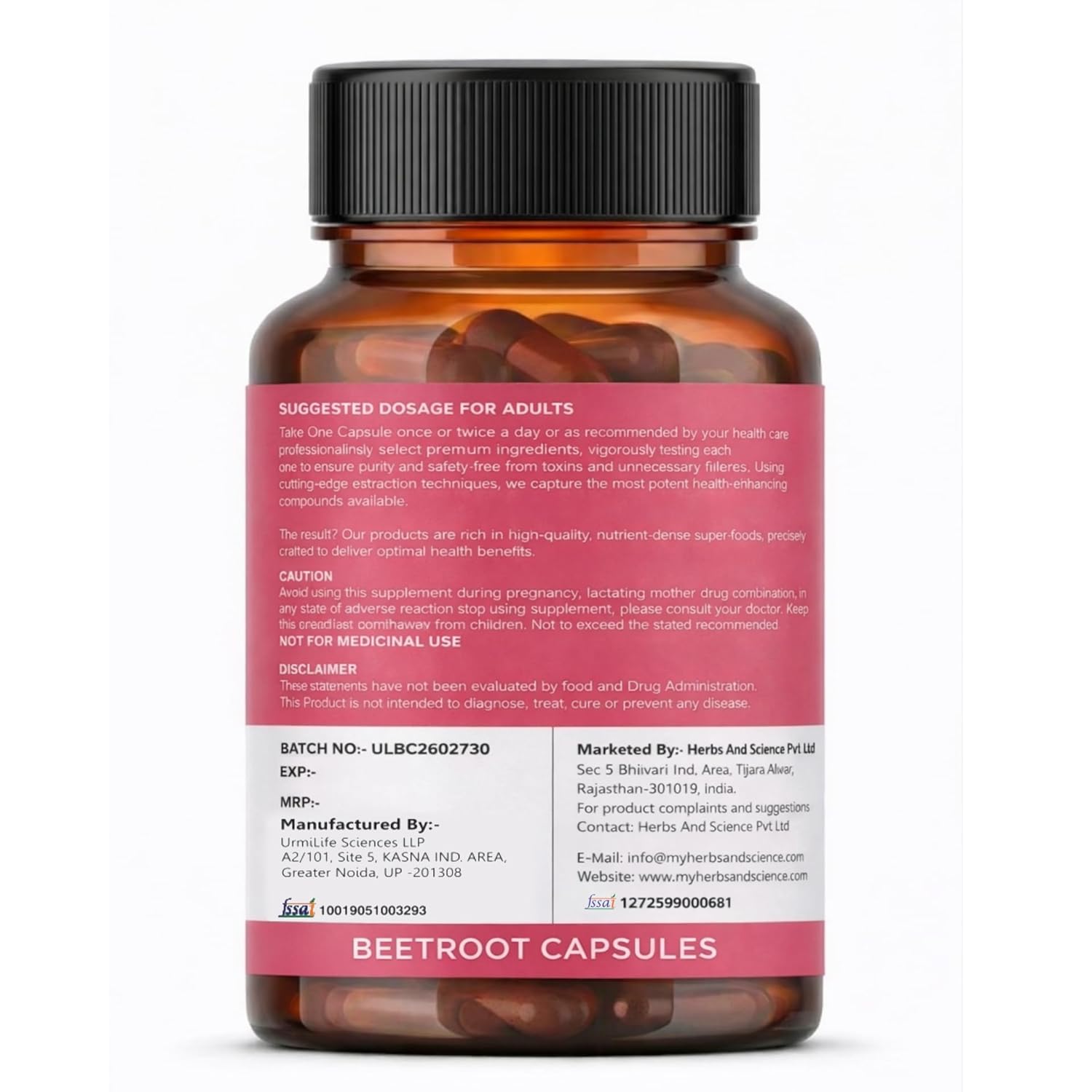 Herbs & Science Beetroot Capsules, 500mg Beetroot Extract, Supports Heart Health & Stamina, Rich in Antioxidants, 60 Veg Capsules