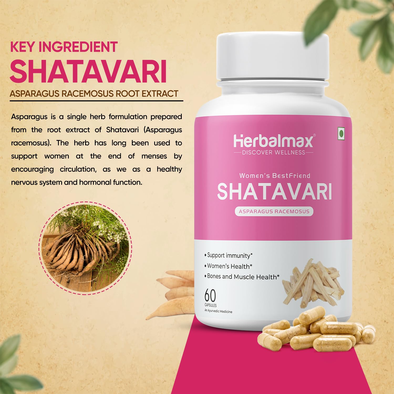 Herbalmax Organic Shatavari 400mg | Hormonal Balance & Womenâ€™s Health Supplement | Supports Lactation, Immunity, Bone & Muscle Strength, Rich in Antioxidants â€“ 60 Veg Capsules
