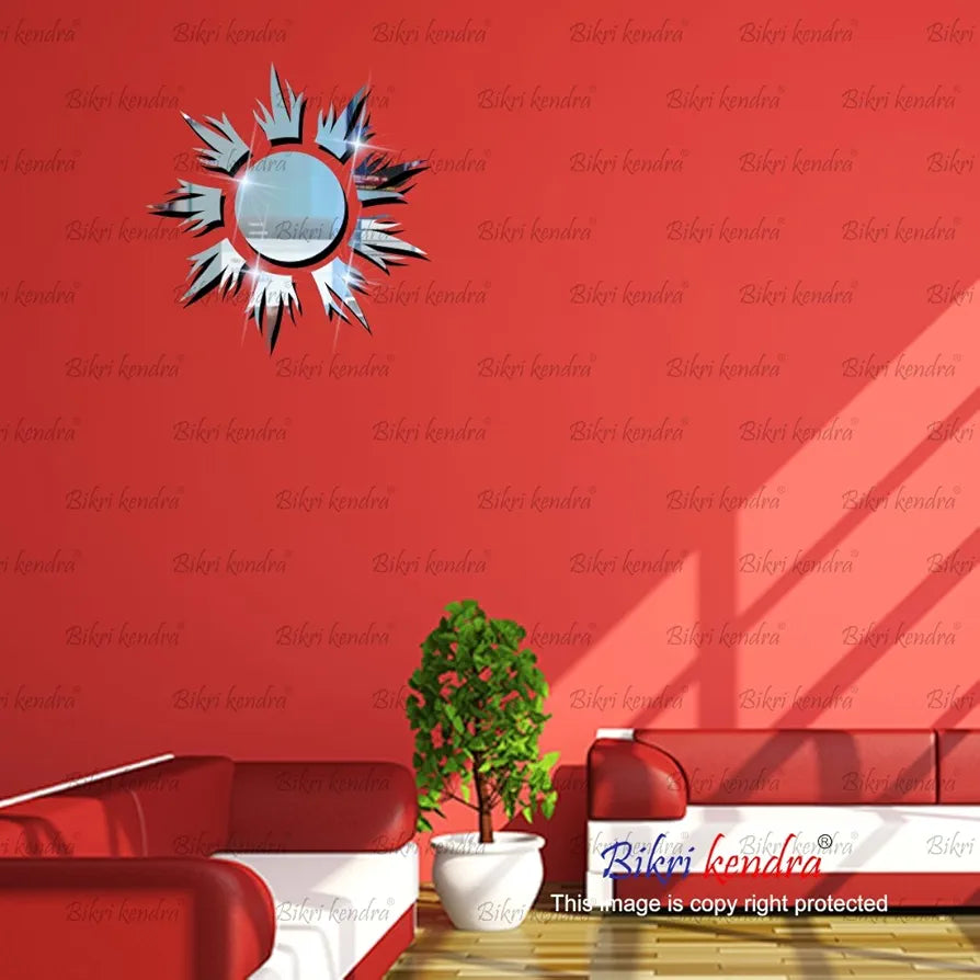Bikri Kendra Sun Silver Model-11 Mirror Stickers for Wall, Acrylic Mirror Wall Decor Sticker