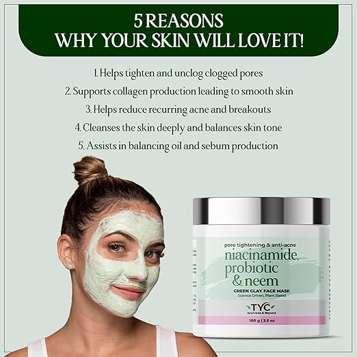 TYC Green Clay Face Mask With Niacinamide Probiotics Neem - 100 gms