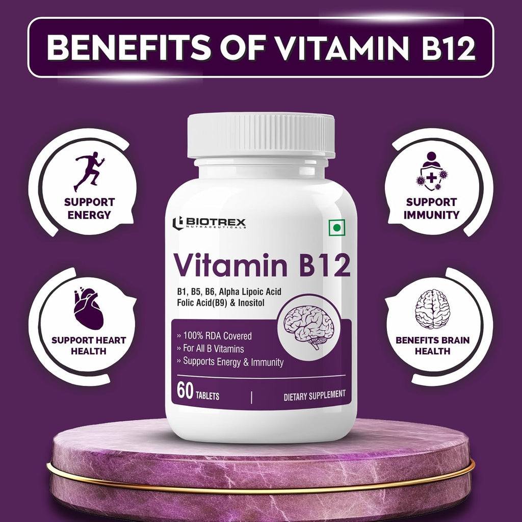 Biotrex Nutraceuticals Vitamin B12 With B1, B5, B6, B9(Folic Acid), Alpha Lipoic Acid ALA & Inositol Supplements | Energy Management | Antioxidant | 60 Tablets